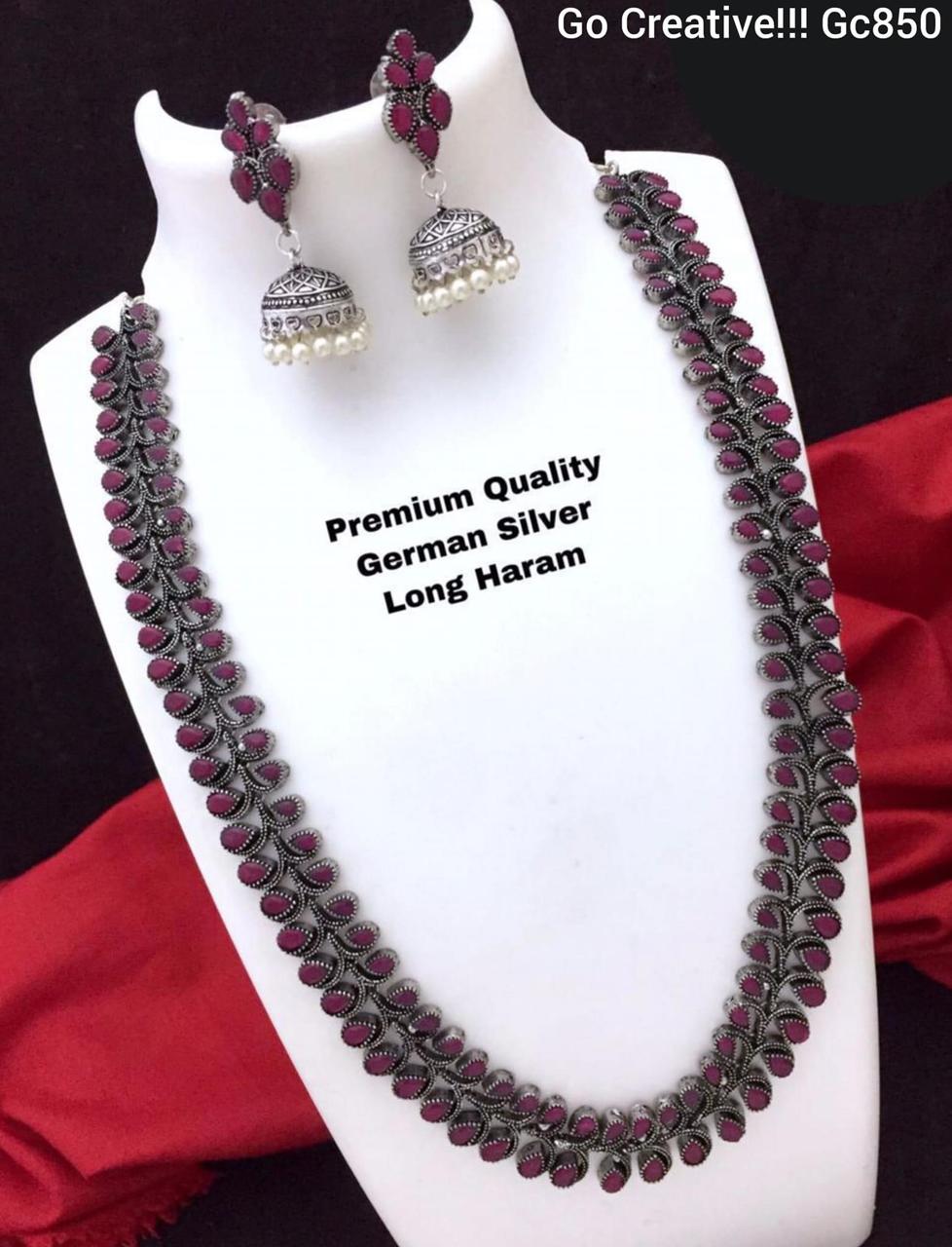 Premium German Silver Long Haram Necklace Set with Pink Stones | Nacklace.shop