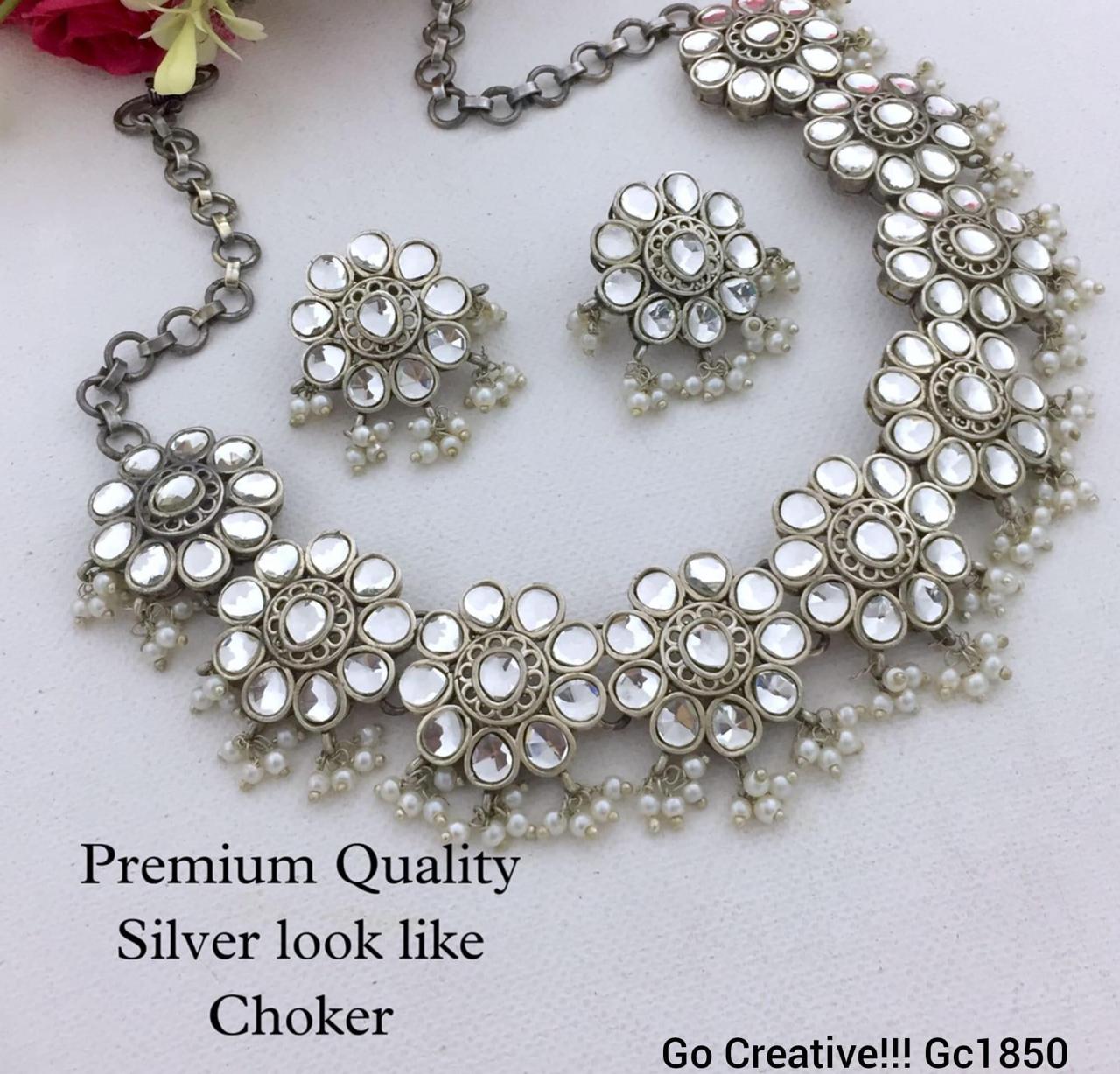 Premium Silver Look-Alike Kundan Choker Necklace Set with Earrings - Nacklace.shop