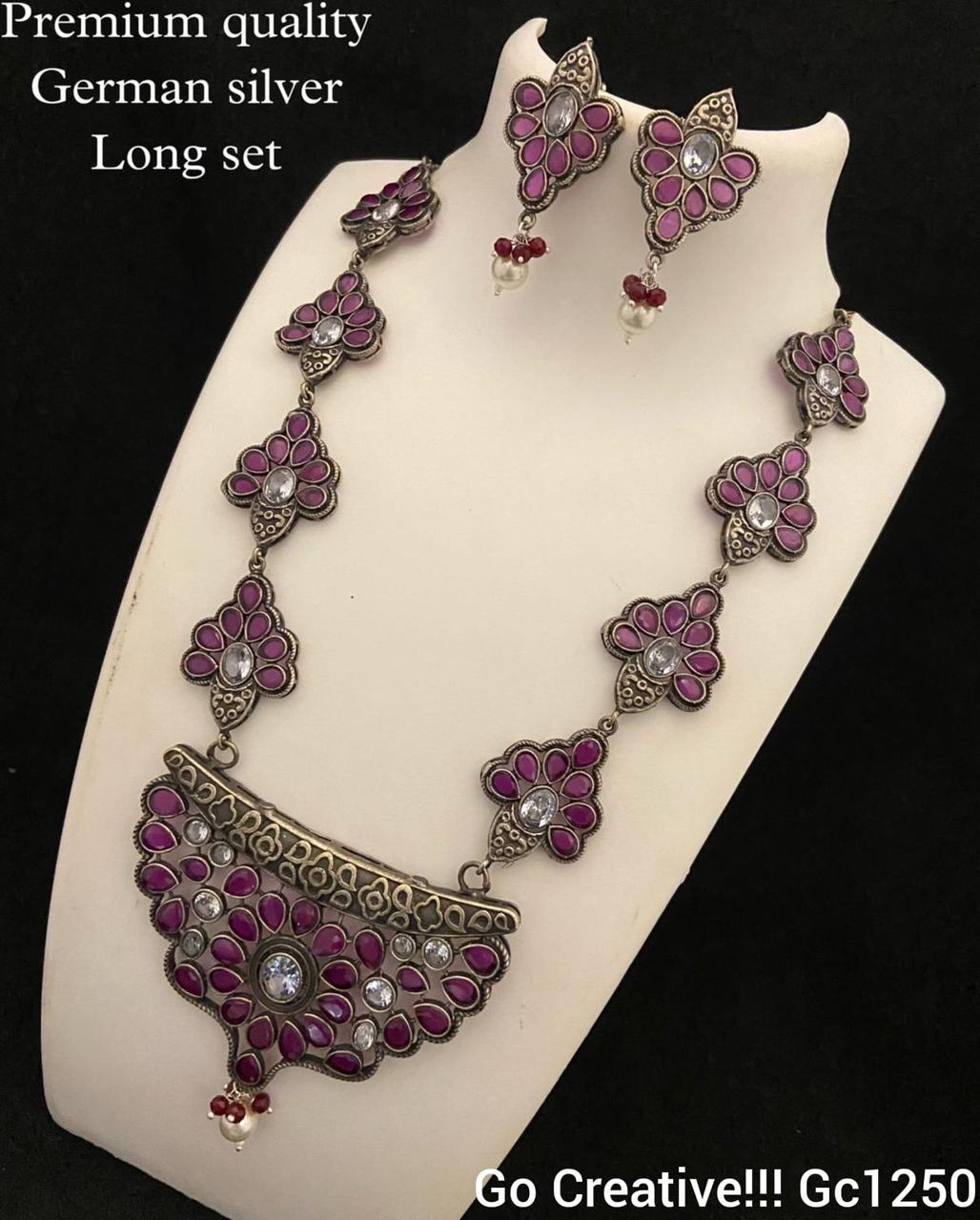 Premium German Silver Long Necklace Set – Elegant Magenta Floral Design