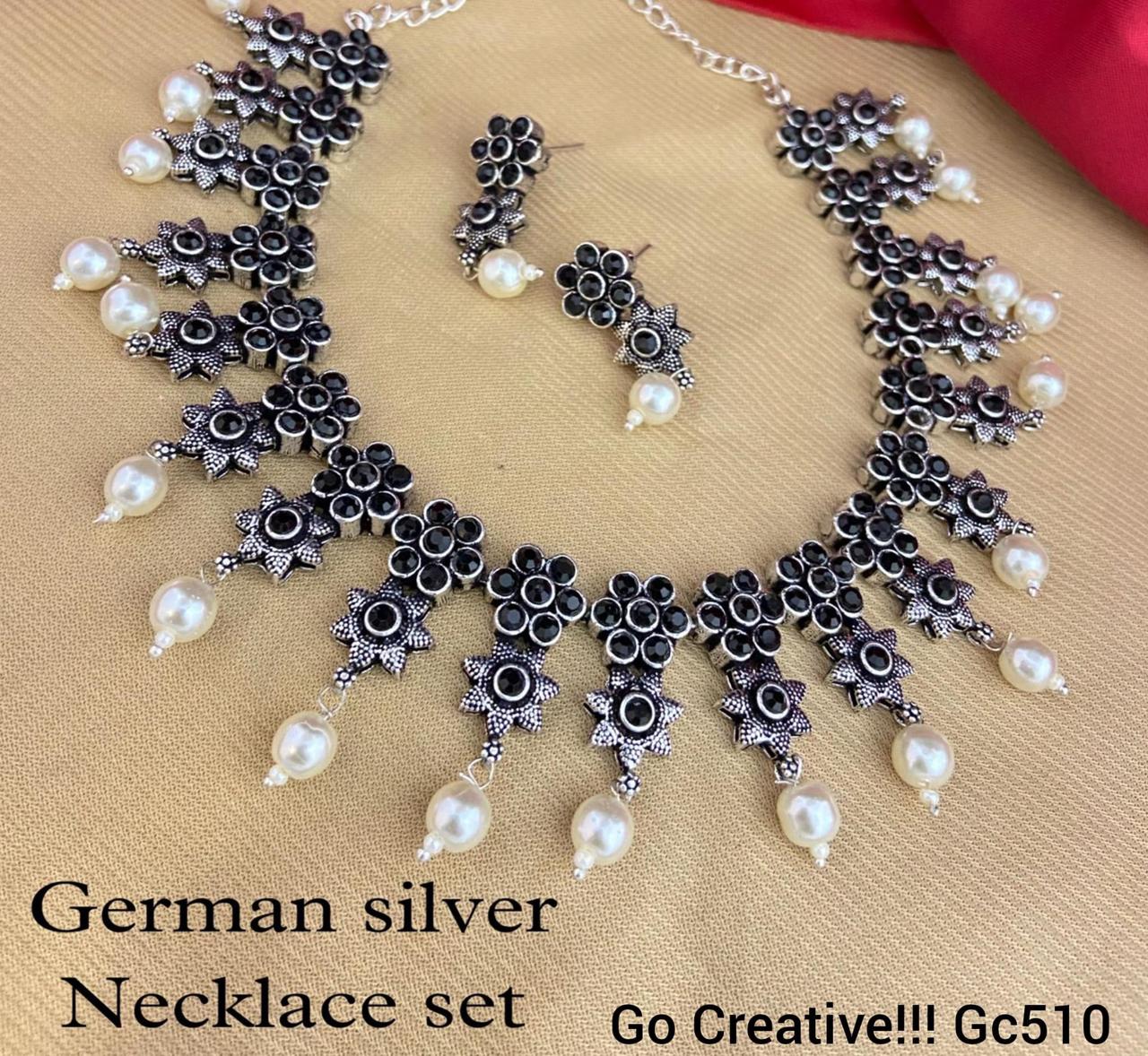 German Silver Floral Necklace Set with Pearl Drops – Antique Finish Designer Jewelry