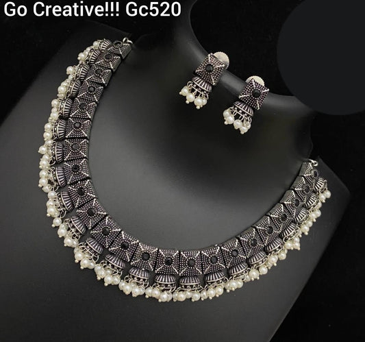 Elegant Oxidized Pearl Choker Necklace & Earrings Set – Traditional Antique Finish | Nacklace.shop