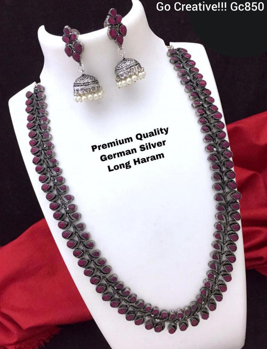 Premium German Silver Long Haram Necklace Set with Pink Stones | Nacklace.shop