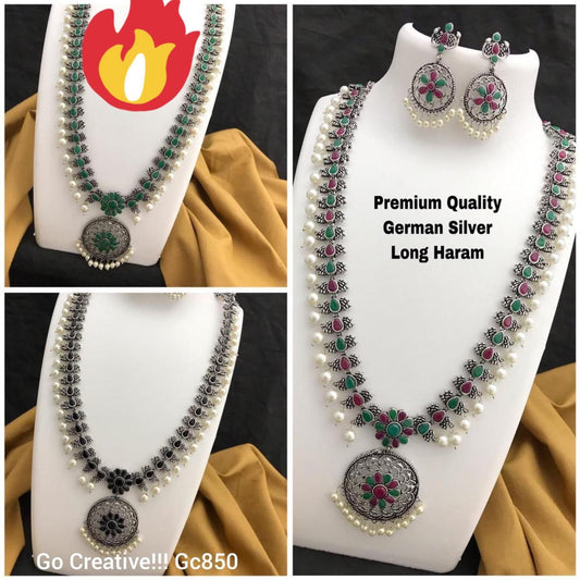 Premium German Silver Long Haram Necklace Set with Green & Pink Stones - Nacklace.shop