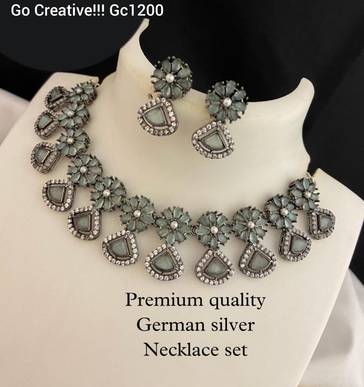Premium German Silver Floral Necklace Set with Grey Stone Drops - Nacklace.shop
