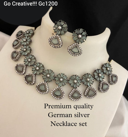 Premium German Silver Floral Necklace Set with Grey Stone Drops - Nacklace.shop