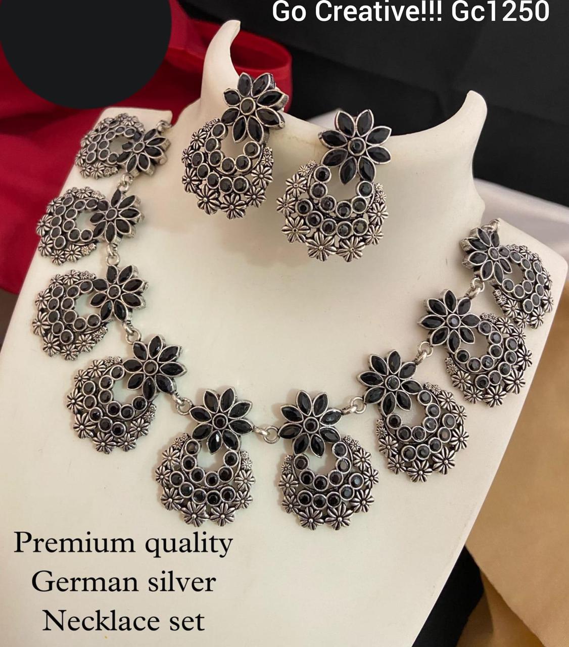 Premium German Silver Floral Necklace Set | Black Stone Antique Finish - Nacklace.shop